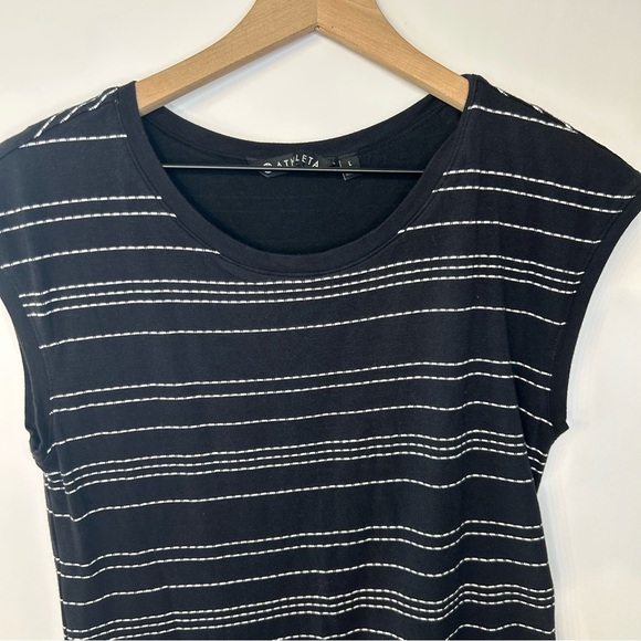 Athleta Carefree Tee Dress with Ruching in Black and White Stripes, Size Large - Picture 4 of 9
